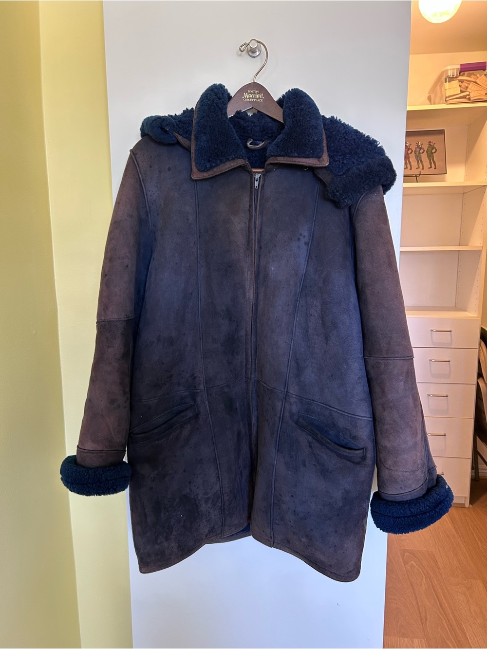 Vintage Royal Blue Plush Shearling Coat with Hood, W 14
